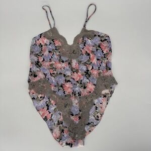 Vtg Myonne 80s Floral Pastel Bodysuit‎ Teddy Lace Trim Cottagecore Coquette M
